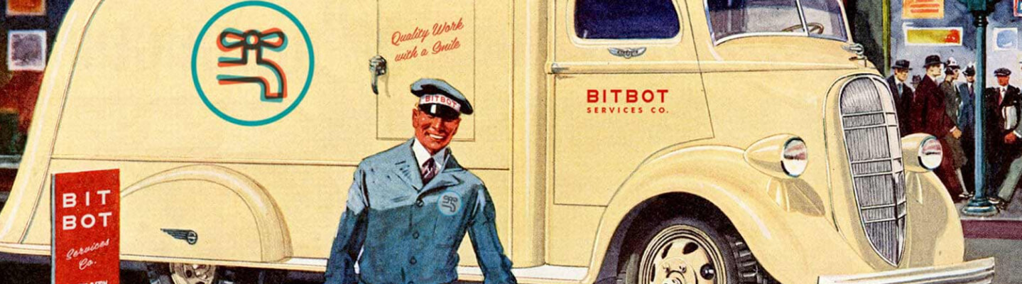 Bitbot, Inc. delivery van arriving on time. A smiling serviceman approahces.